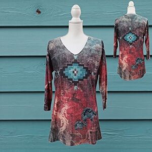 SUNSHIRT Bohemian V-Neck Women's Tunic RED AND BLUE XL PULLOVER